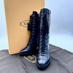 【未使用級】トッズ レザー ロングブーツ 黒 35.5 サイドジップ 美脚ヒール