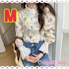 ボタニカル 花柄 フリル ブラウス M 長袖 トレンド 韓国風 おしゃれ