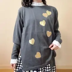 ハートモチーフ ニット セーター 昭和レトロ ヴィンテージ 日本製 灰色 一点物
