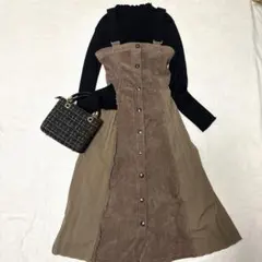 ロングワンピース コーデュロイ×プリーツ ジャンスカ フリー ブラウン