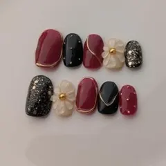 【サイズオーダー制】ぷっくりフラワー　ネイルチップ 赤黒　成人式　振袖