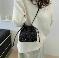 ショルダー バッグ 黒スパンコール 巾着 結婚式 ミニ トートバッグ ミニバッグ
