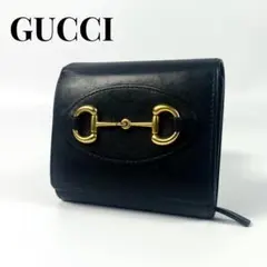 レア✨グッチ 二つ折り財布 ホースビット ロゴ金具 レザー 1966 黒のサムネイル