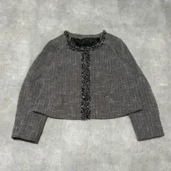 ノーカラージャケット 短丈 ツイード風 フリンジ レーヨン