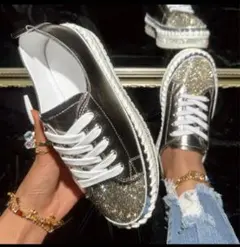 スパンコール装飾シルバー/ブラックスニーカー23cm