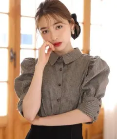 ナイスクラップ チェックブラウス パフスリーブ 襟付き フェミニン 韓国風
