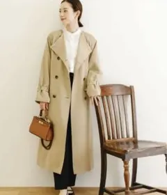 アーバンリサーチ　ノーカラーロングトレンチコート　ベージュ