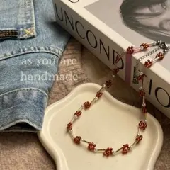 【一点限り】フラワー ビーズ チョーカー ネックレス ブラウン ステンレス