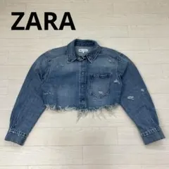 ZARA クロップド丈デニムジャケット ダメージ加工 ライトインディゴ S