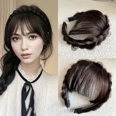 【大好評】カチューシャ付き　前髪ウィッグ　ダークブラウン　可愛くイメチェン