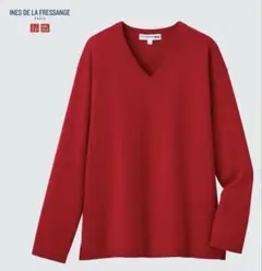 ユニクロ×イネス　コットンカシミヤニットM レッド　Vネック