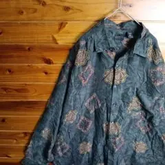 柄シャツ　長袖シャツ　ゆるだぼ　エスニック柄　絹　シルク　100%　XL　古着