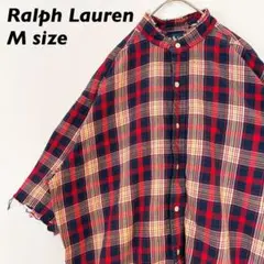 ラルフローレン　半袖シャツ　バンドカラー　チェック　ポニーロゴ　ダメージ加工　M