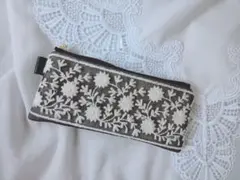 大人可愛い インド刺繍×ヌビ シンプル フラットポーチ （A338）