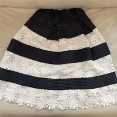 MIIA スカート 花柄 白 ネイビー 膝丈 レース 上品 ゴム フレアスカート