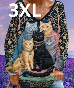 大きいサイズ★猫達のイラスト ★Vネック★長袖トップス