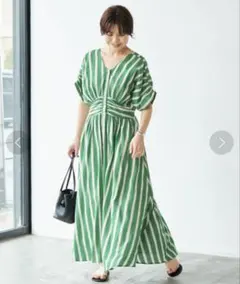 ヌキテパ★コットンボイルストライプウエストワンピースグリーンM