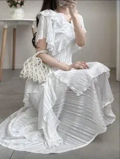 FRIFUL レディースソリッドカラーラッフルヘムドレス L