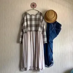 【SM2】綿麻混紡 ブラウンチェック柄 ロングシャツワンピース