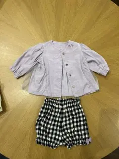 ラベンダーシャツとチェックパンツセット
