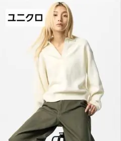 【UNIQLO】スムースコットンリラックスポロセーター　オフホワイト　L