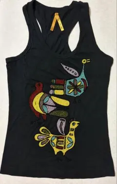 ザラ ZARA ビーズ刺繍 タンクトップ 鳥モチーフ レーサーバック 黒 Mのサムネイル
