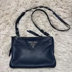 PRADA プラダ ダブルポケット レザーショルダーバッグ ポシェット ネイビー