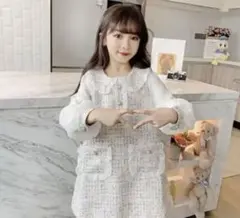 襟フリル　ツイード風ワンピース　ホワイト　120センチ