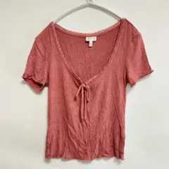 海外古着 セルフィーレースリブカットソー ピンクXS バレエコア y2k リボン