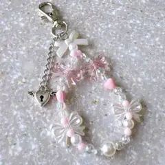ビーズキーホルダー ストラップ ハンドメイド ピンク リボン