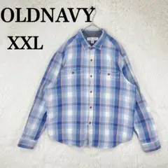 【オールドネイビー】メンズ 長袖シャツ チェック XXL 水色 コットン100％