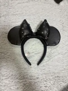 ミニーマウス耳型カチューシャ 黒　レザー