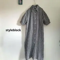 【styleblock】黒白チェック柄 半袖シャツワンピースゆったり