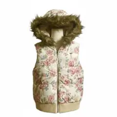 美品 メゾピアノ 140 ローズ バラ柄 フード付き中綿ダウンベスト 薔薇 ばら