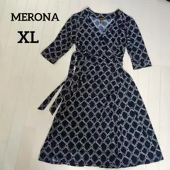 MERONA 幾何学模様 長袖ラップドレス 【XL】レディース ネイビー