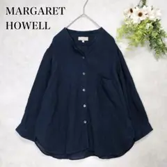 マーガレットハウエル　リネン　麻　バンドカラー　シャツ　ネイビー