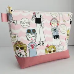 キラキラガールズ柄×帆布・まち付きポーチ20㎝
