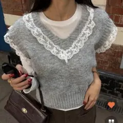 nugu yelnフリルレースVネックニットベスト