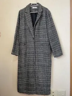 美品】グレンチェック ロングコート Lサイズ ブラック・ホワイト 