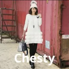 Chesty ファー付きホワイトニットワンピース