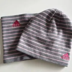 adidas ニット帽・ネックウォーマーセット グレー・ピンクボーダー