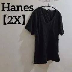 Hanes 【2X】ブラック Vネック 半袖 Tシャツ 黒 シンプル 無地