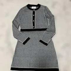 ミシェルマカロン　千鳥格子柄長袖ニットワンピースフリー
