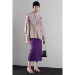 GENE HEAVENSマルチカラーストライプ パネルフリルシャツ　ローズバッド