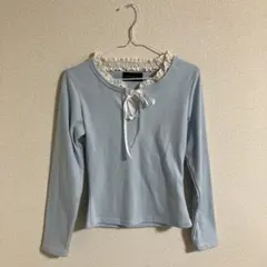リボンフリルブラウス　水色フリル襟リボン付き長袖トップス