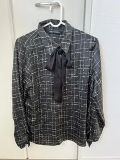 ZARA ブラック・ホワイトチェック リボン付きシャツ M