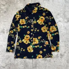 昭和レトロ 花柄 長袖シャツ ブラウス 70s 古着 紺 黄色 ポリシャツ