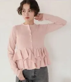 ティティベイト　フリルヘムニットカーディガンピンク