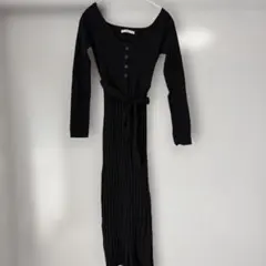 GRL Vネック ベルト付き ニットロングワンピース ブラック