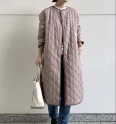 【23区】ノーカラーキルティングロングコート ダイヤキルティング 中綿 ベージュ